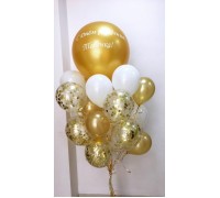 Фонтан из шаров с шаром гигантом " Золотая жемчужина" с поздравительной надписью